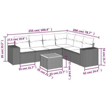 7 pcs conjunto sofás p/ jardim c/ almofadões vime PE cinzento