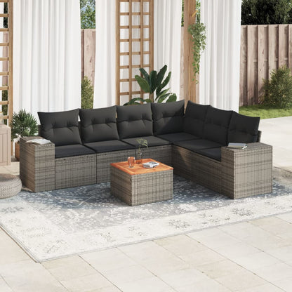 7 pcs conjunto sofás p/ jardim c/ almofadões vime PE cinzento