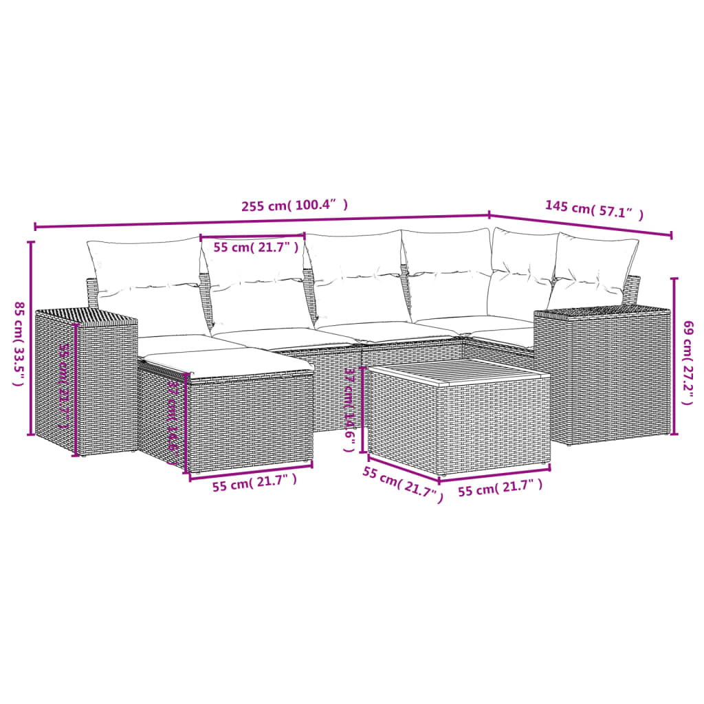 7 pcs conjunto sofás p/ jardim c/ almofadões vime PE cinzento