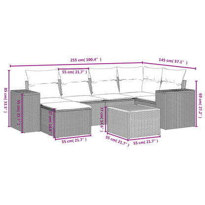 7 pcs conjunto sofás p/ jardim c/ almofadões vime PE cinzento