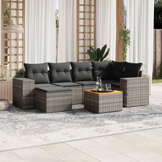 7 pcs conjunto sofás p/ jardim c/ almofadões vime PE cinzento