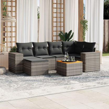 7 pcs conjunto sofás p/ jardim c/ almofadões vime PE cinzento
