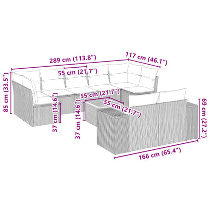 10 pcs conjunto sofás de jardim c/ almofadões vime PE cinzento