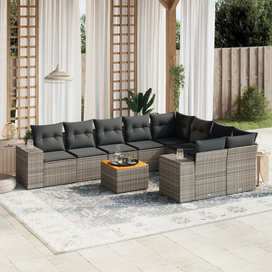 10 pcs conjunto sofás de jardim c/ almofadões vime PE cinzento