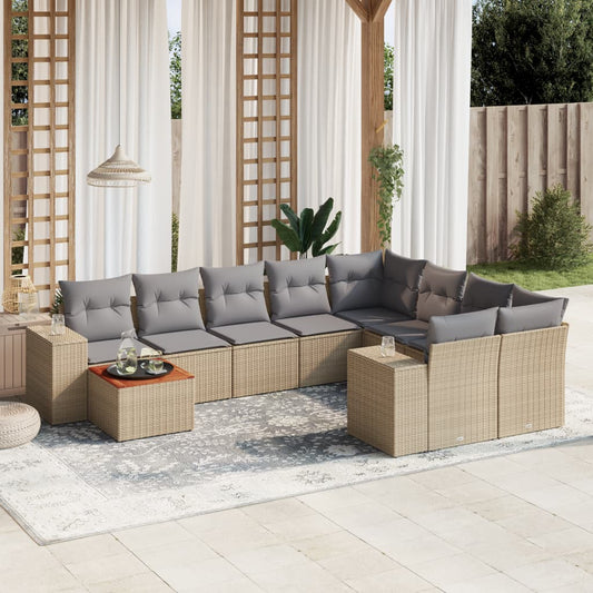 10 pcs conjunto de sofás p/ jardim com almofadões vime PE bege