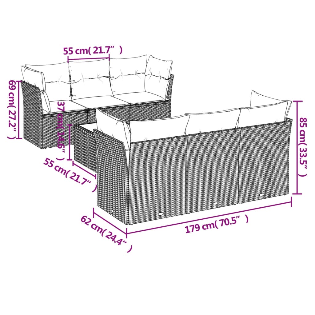 7 pcs conjunto sofás p/ jardim c/ almofadões vime PE cinzento