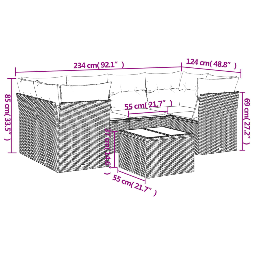 7 pcs conjunto sofás p/ jardim c/ almofadões vime PE cinzento