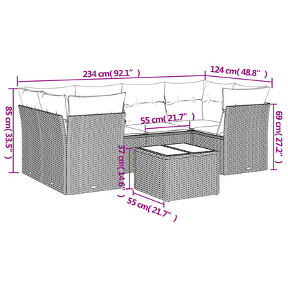 7 pcs conjunto sofás p/ jardim c/ almofadões vime PE cinzento