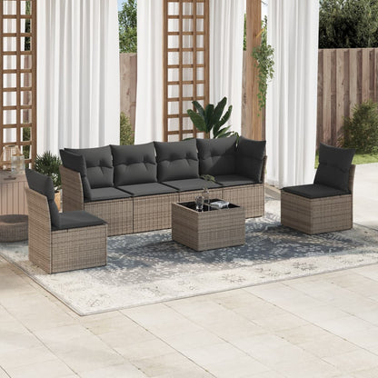 7 pcs conjunto sofás p/ jardim c/ almofadões vime PE cinzento