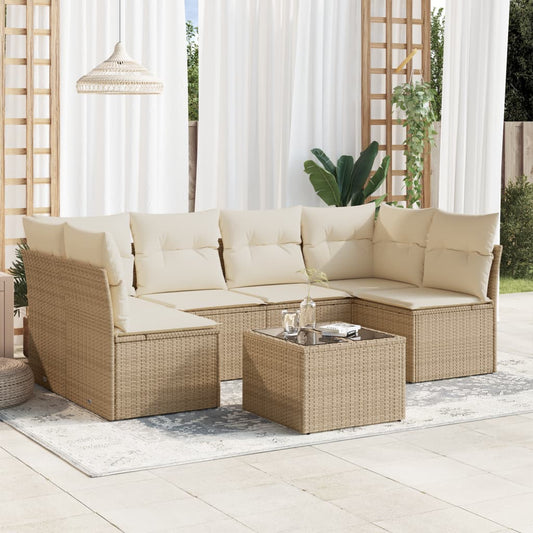 7 pcs conjunto de sofás p/ jardim com almofadões vime PE bege