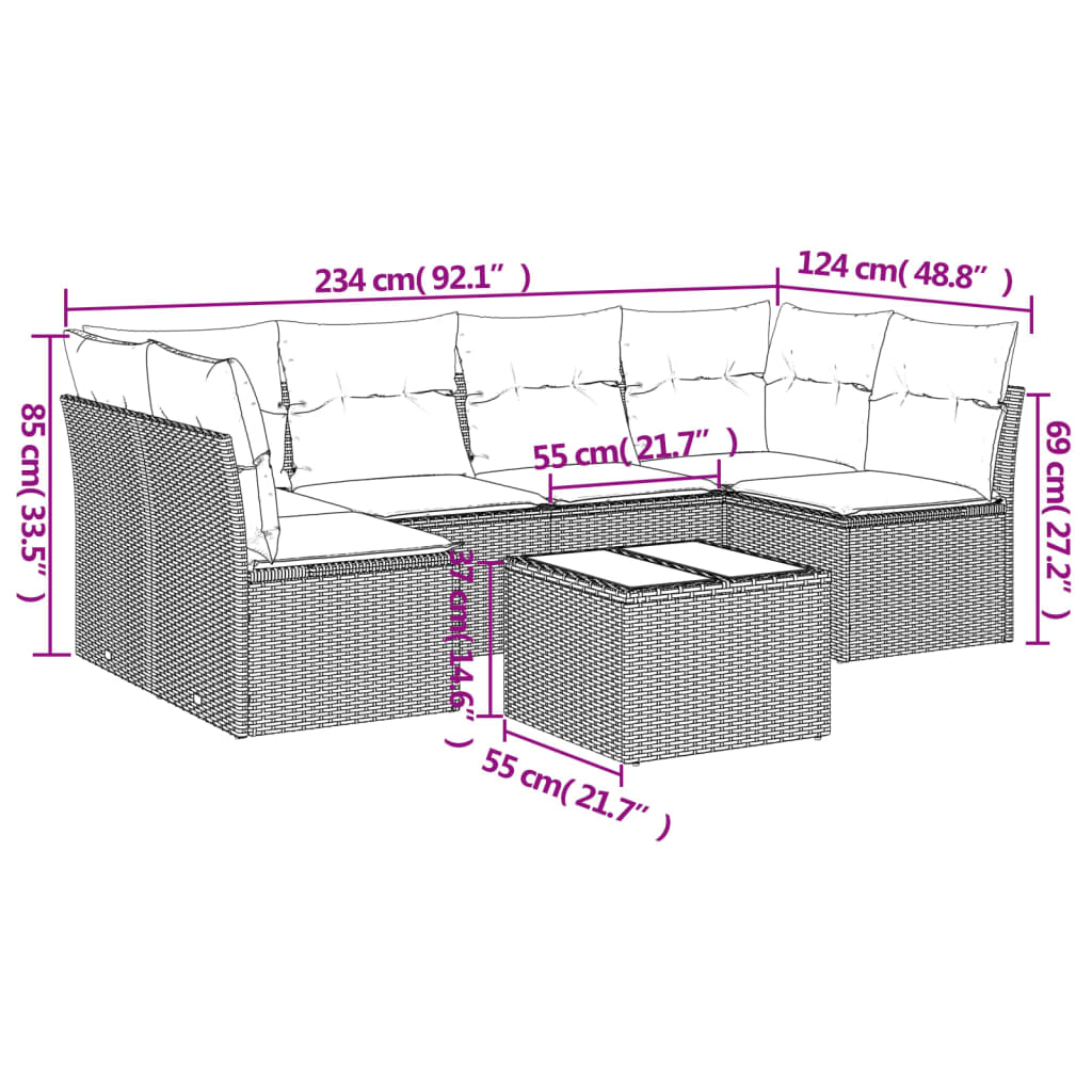 7 pcs conjunto sofás p/ jardim c/ almofadões vime PE cinzento