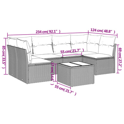 7 pcs conjunto sofás p/ jardim c/ almofadões vime PE cinzento