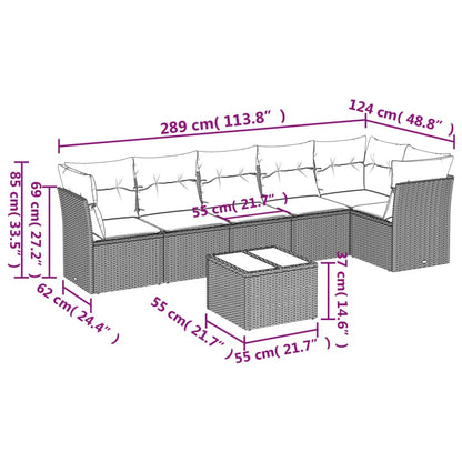 7 pcs conjunto sofás p/ jardim c/ almofadões vime PE cinzento