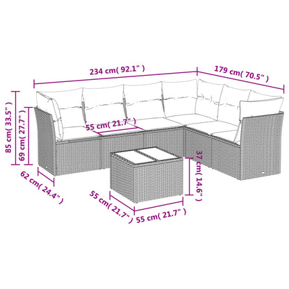 7 pcs conjunto de sofás p/ jardim com almofadões vime PE bege
