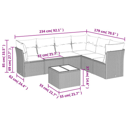 7 pcs conjunto sofás p/ jardim c/ almofadões vime PE cinzento