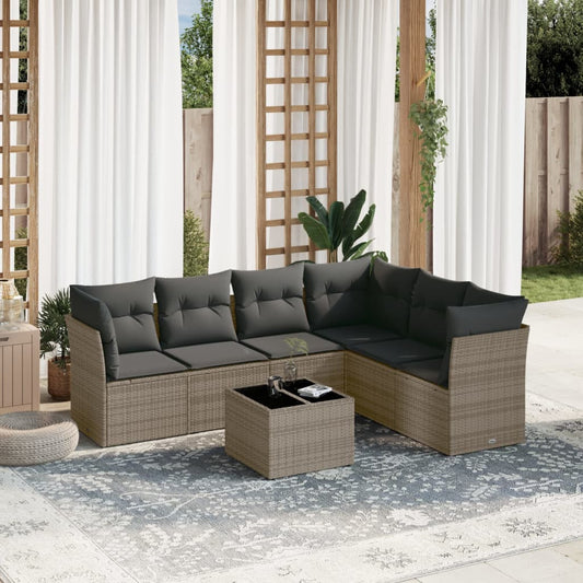 7 pcs conjunto sofás p/ jardim c/ almofadões vime PE cinzento