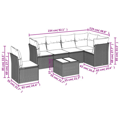7 pcs conjunto sofás p/ jardim c/ almofadões vime PE cinzento