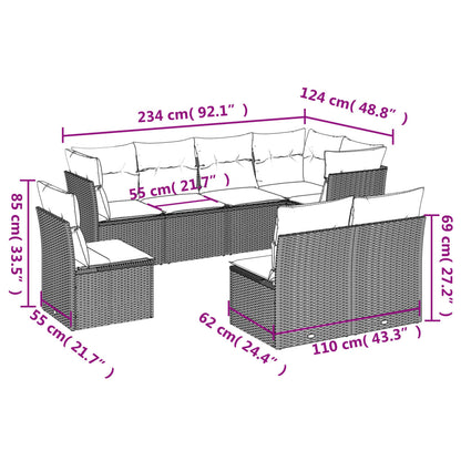 8 pcs conjunto sofás de jardim c/ almofadões vime PE castanho