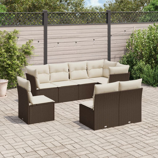 8 pcs conjunto sofás de jardim c/ almofadões vime PE castanho