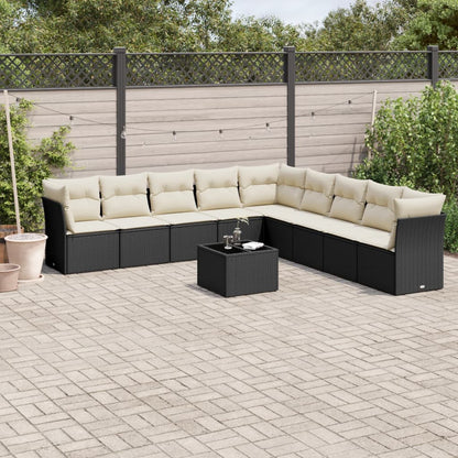10 pcs conjunto sofás de jardim c/ almofadões vime PE preto
