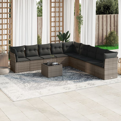 10 pcs conjunto sofás de jardim c/ almofadões vime PE cinzento