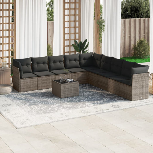 10 pcs conjunto sofás de jardim c/ almofadões vime PE cinzento