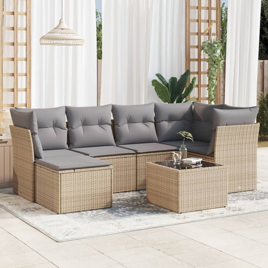 7 pcs conjunto de sofás p/ jardim com almofadões vime PE bege