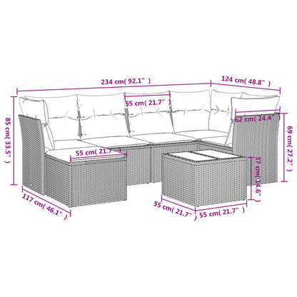 7 pcs conjunto sofás p/ jardim c/ almofadões vime PE cinzento