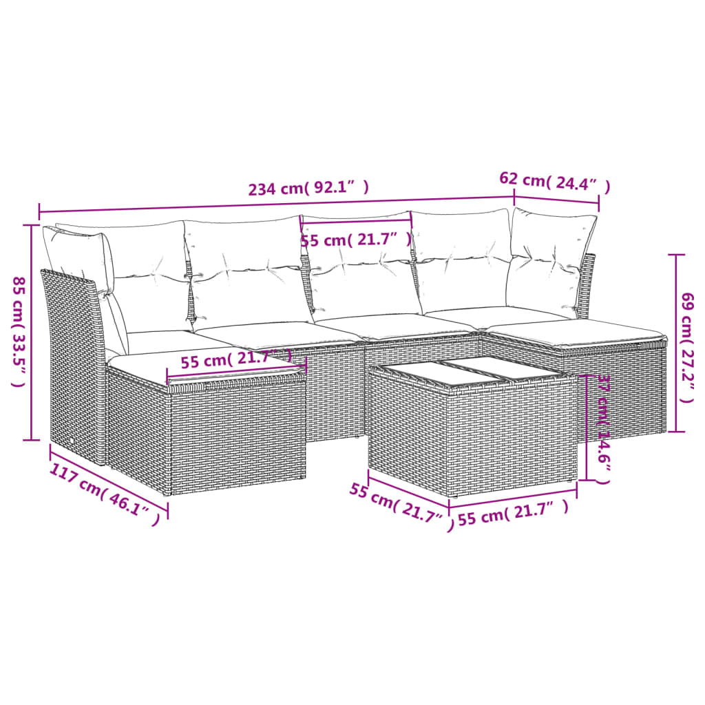 7 pcs conjunto sofás p/ jardim c/ almofadões vime PE cinzento