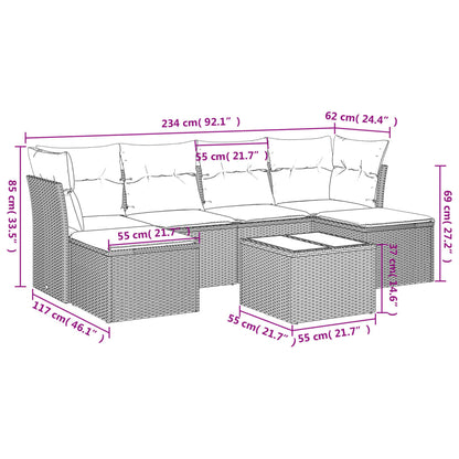 7 pcs conjunto sofás p/ jardim c/ almofadões vime PE cinzento