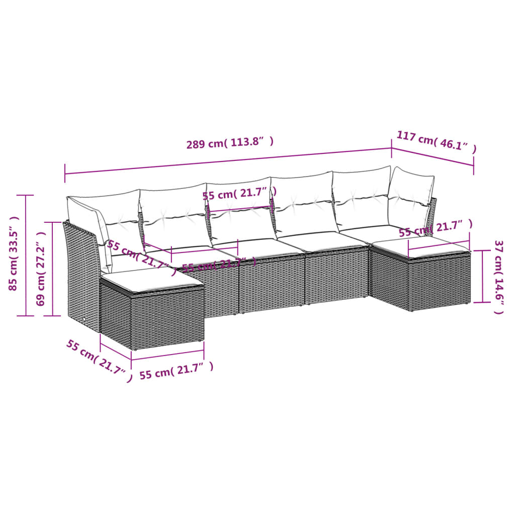 7 pcs conjunto sofás p/ jardim c/ almofadões vime PE cinzento