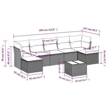 8 pcs conjunto sofás de jardim c/ almofadões vime PE castanho