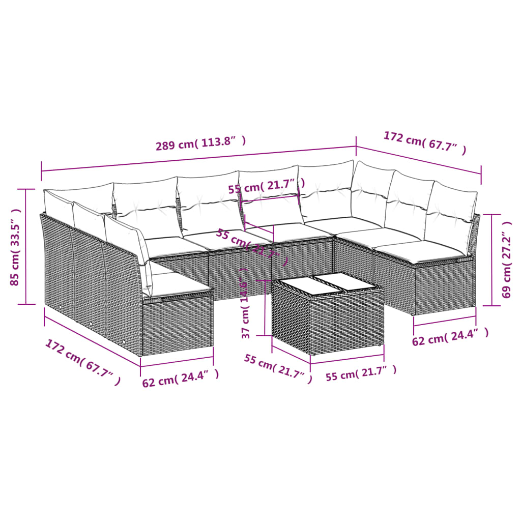 10 pcs conjunto de sofás p/ jardim com almofadões vime PE bege