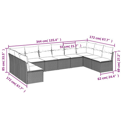 10 pcs conjunto sofás de jardim c/ almofadões vime PE preto