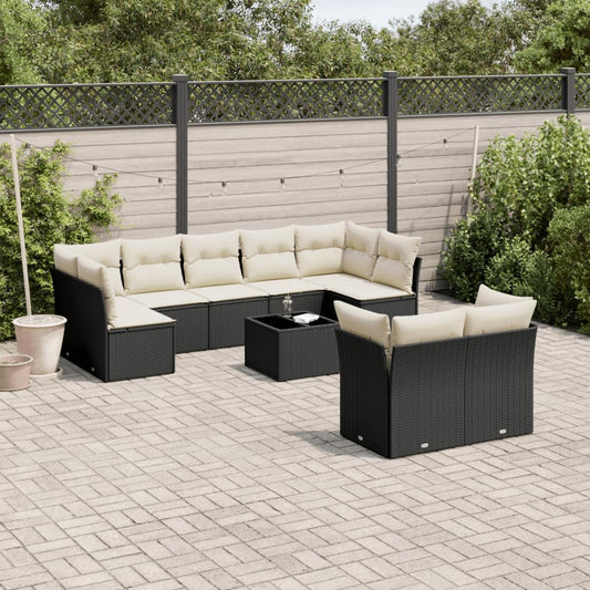 10 pcs conjunto sofás de jardim c/ almofadões vime PE preto