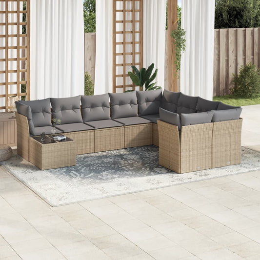 10 pcs conjunto de sofás p/ jardim com almofadões vime PE bege
