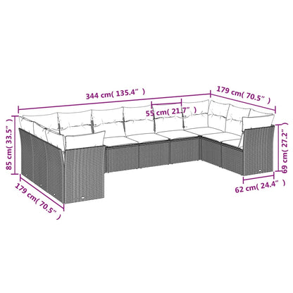 10 pcs conjunto de sofás p/ jardim com almofadões vime PE bege