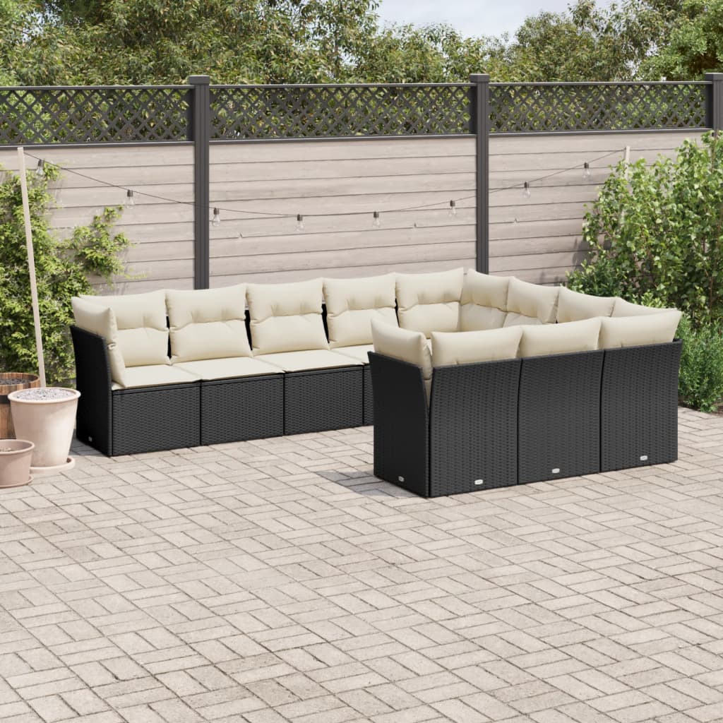 10 pcs conjunto sofás de jardim c/ almofadões vime PE preto