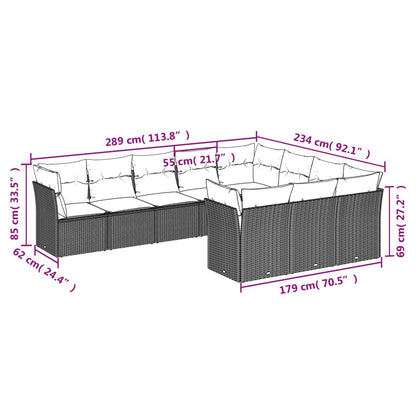 10 pcs conj. sofás jardim com almofadões vime PE cinzento-claro
