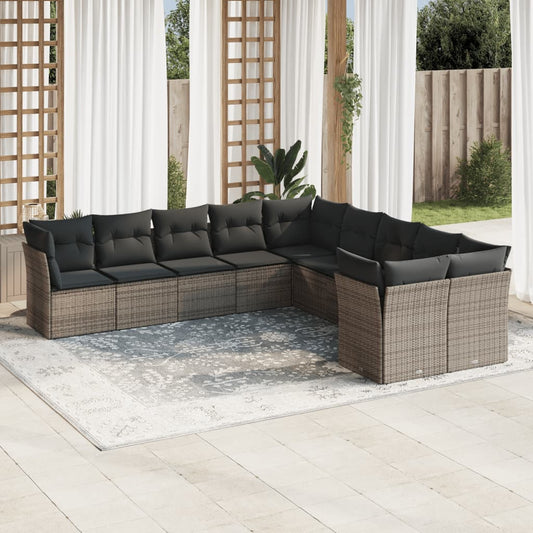 10 pcs conjunto sofás de jardim c/ almofadões vime PE cinzento