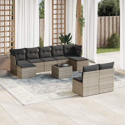 10 pcs conjunto sofás de jardim c/ almofadões vime PE cinzento