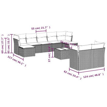 10 pcs conjunto de sofás p/ jardim com almofadões vime PE bege