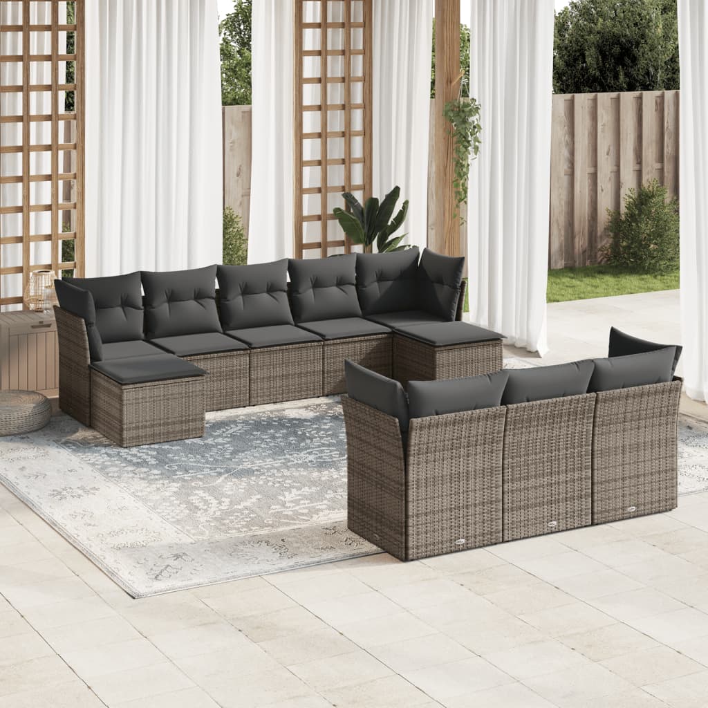 10 pcs conjunto sofás de jardim c/ almofadões vime PE cinzento