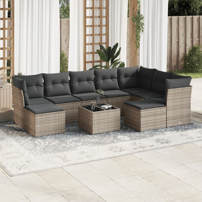 10 pcs conjunto sofás de jardim c/ almofadões vime PE cinzento