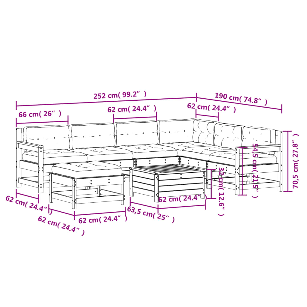 8 pcs conjunto lounge de jardim c/ almofadões pinho impregnado