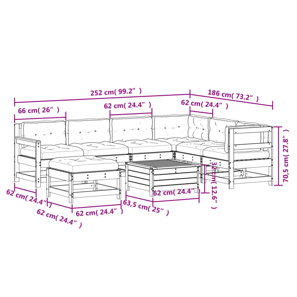 8 pcs conjunto lounge de jardim c/ almofadões pinho impregnado
