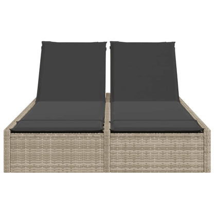 Double sun lounger with cushions in light grey poly rattan