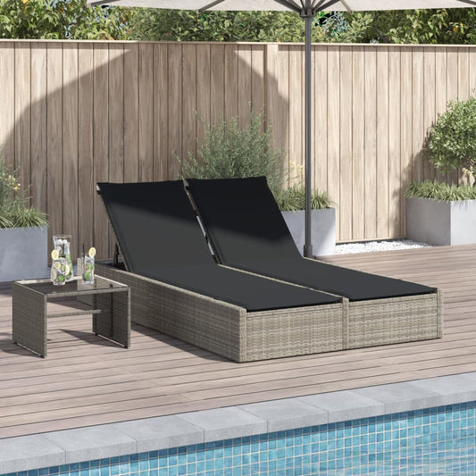 Double sun lounger with cushions in light grey poly rattan