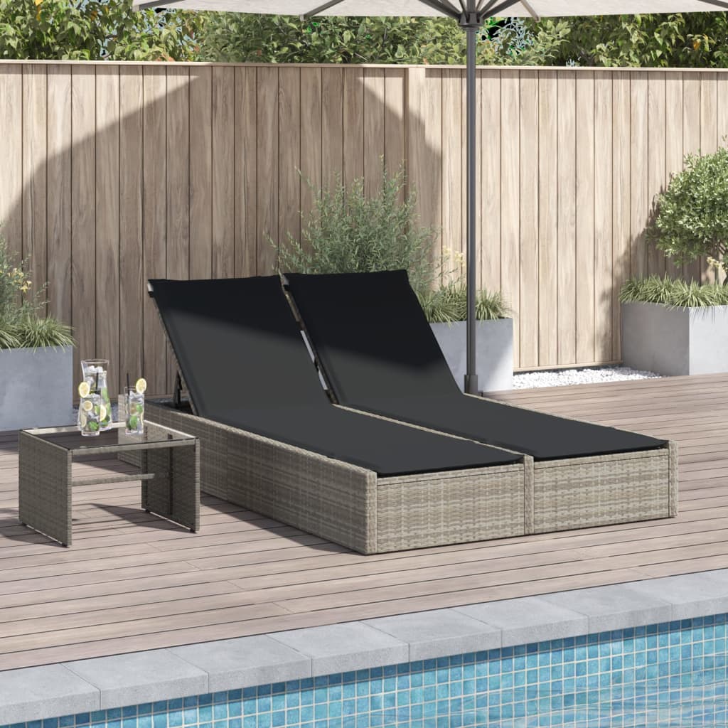 Double sun lounger with cushions in light grey poly rattan