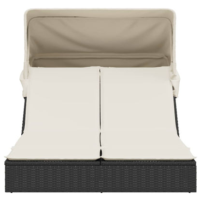 Double sun lounger with canopy and cushions in black poly rattan